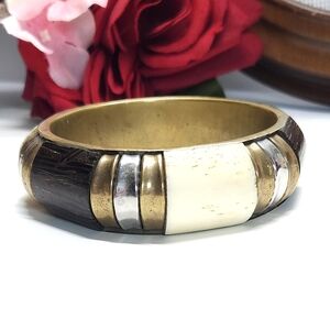 Vintage Horn & Bone Silver Brass Bangle Bracelet Tribal Boho Bangle Bracelet